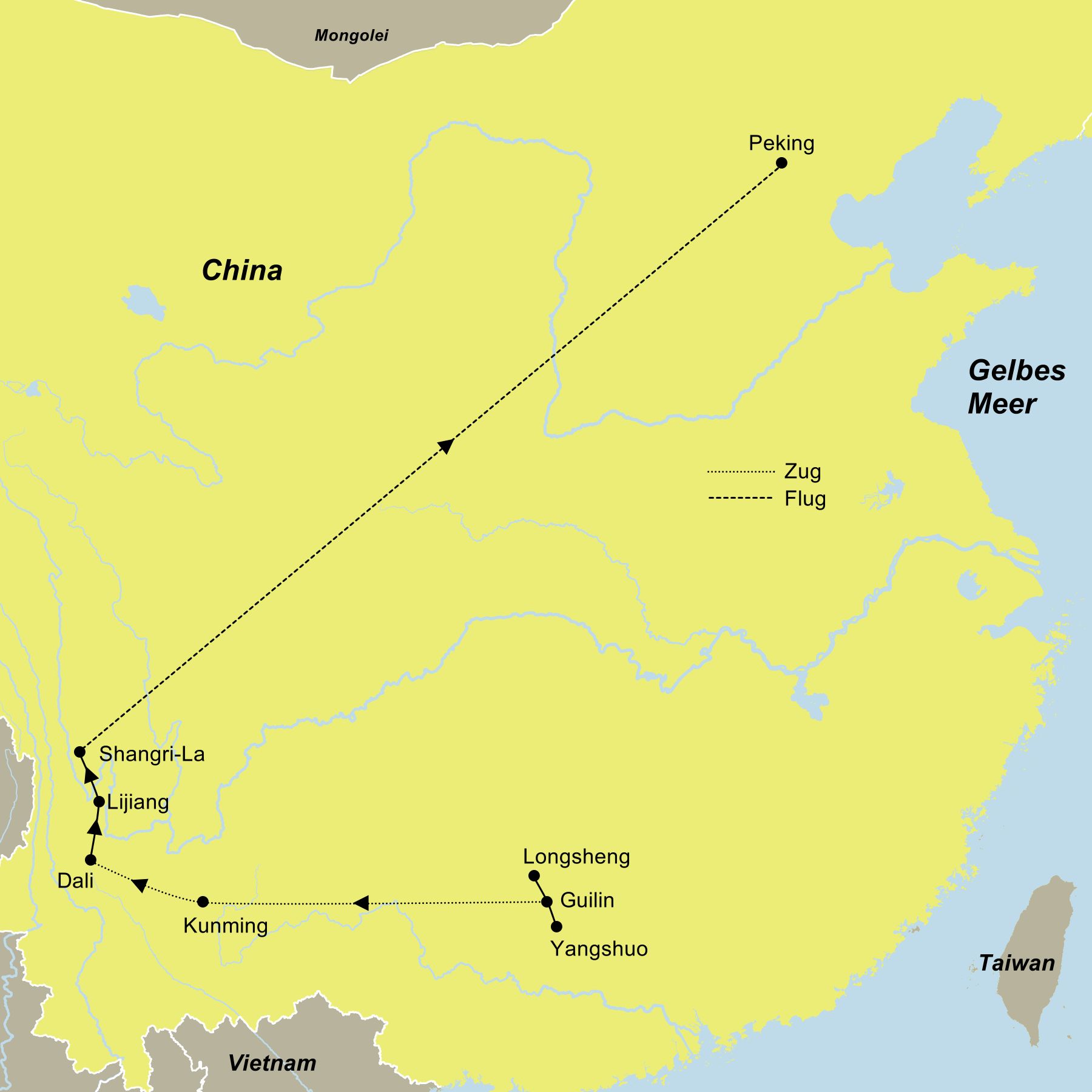 Reiseroute der Südchina Entdeckerreise | Von Guilin nach Peking
