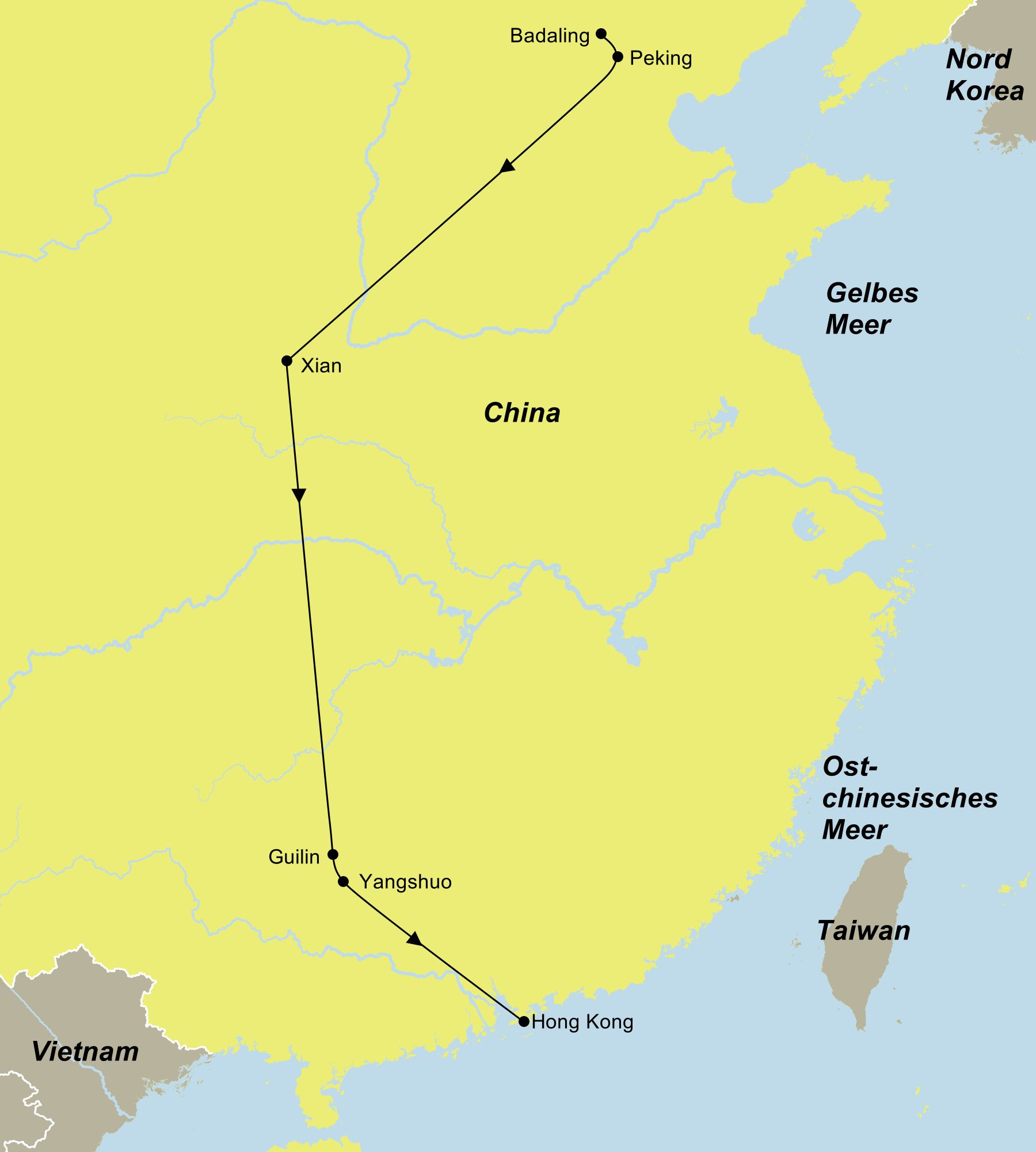 Reiseroute der Erlebnisreise China | Von Peking nach Hongkong