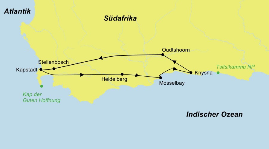 Reiseroute der Familienreise Südafrika