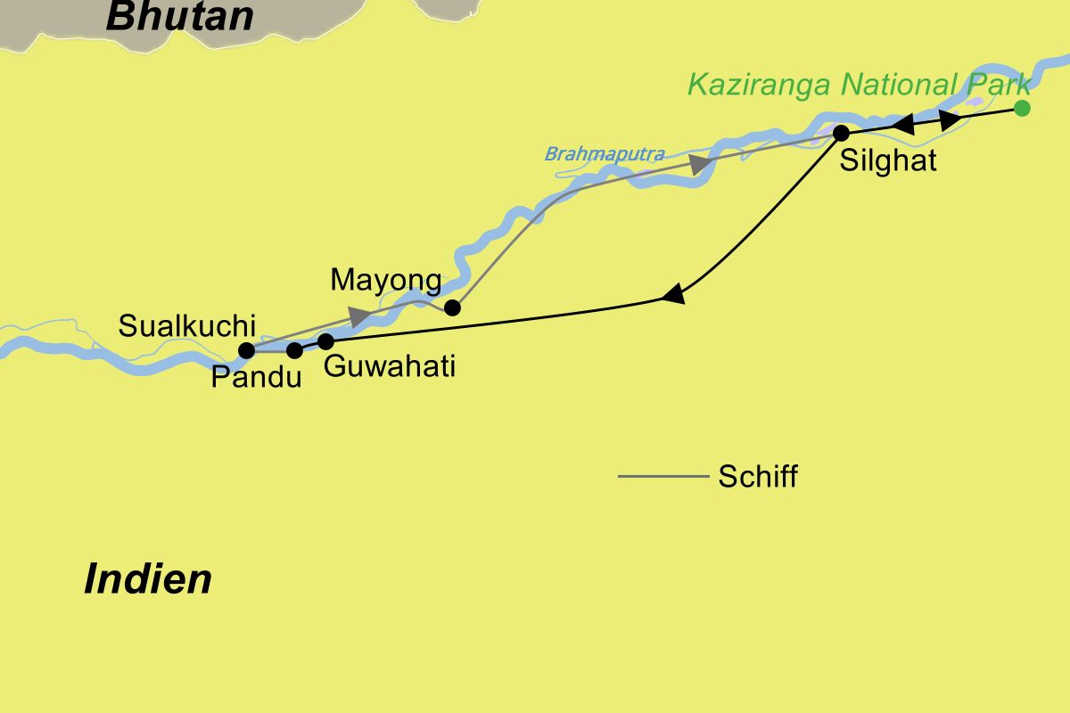Reiseroute Indien Flusskreuzfahrt auf dem Brahmaputra