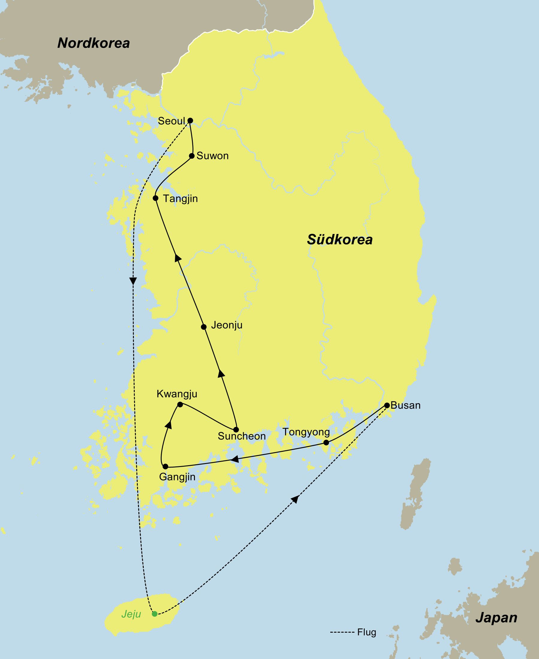 Reiseroute der Erlebnisreise Korea | in einer Kleingruppe