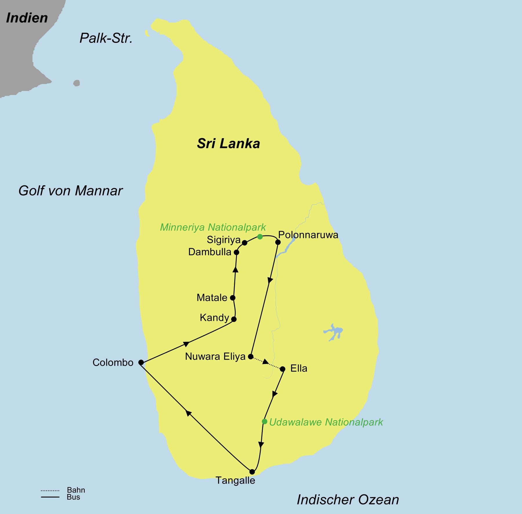 Reiseroute der Sri Lanka Höhepunkte Rundreise | mit Baden an der südlichen Westküste