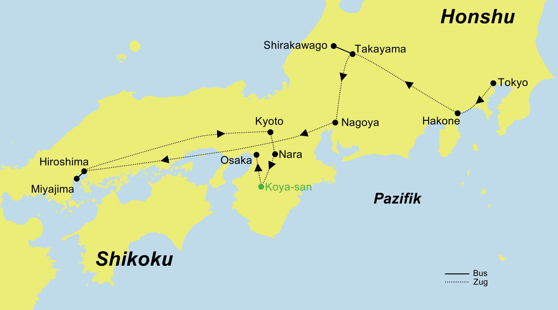 Reiseroute der Japan Erlebnisreise | Im Zug über die Insel Honshu