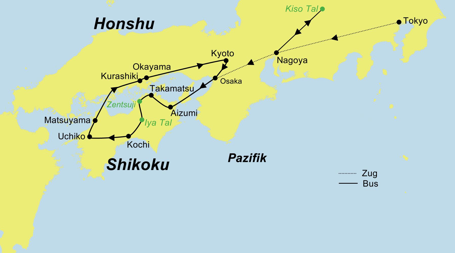 Reiseroute der Japan Rundreise | Gaiden