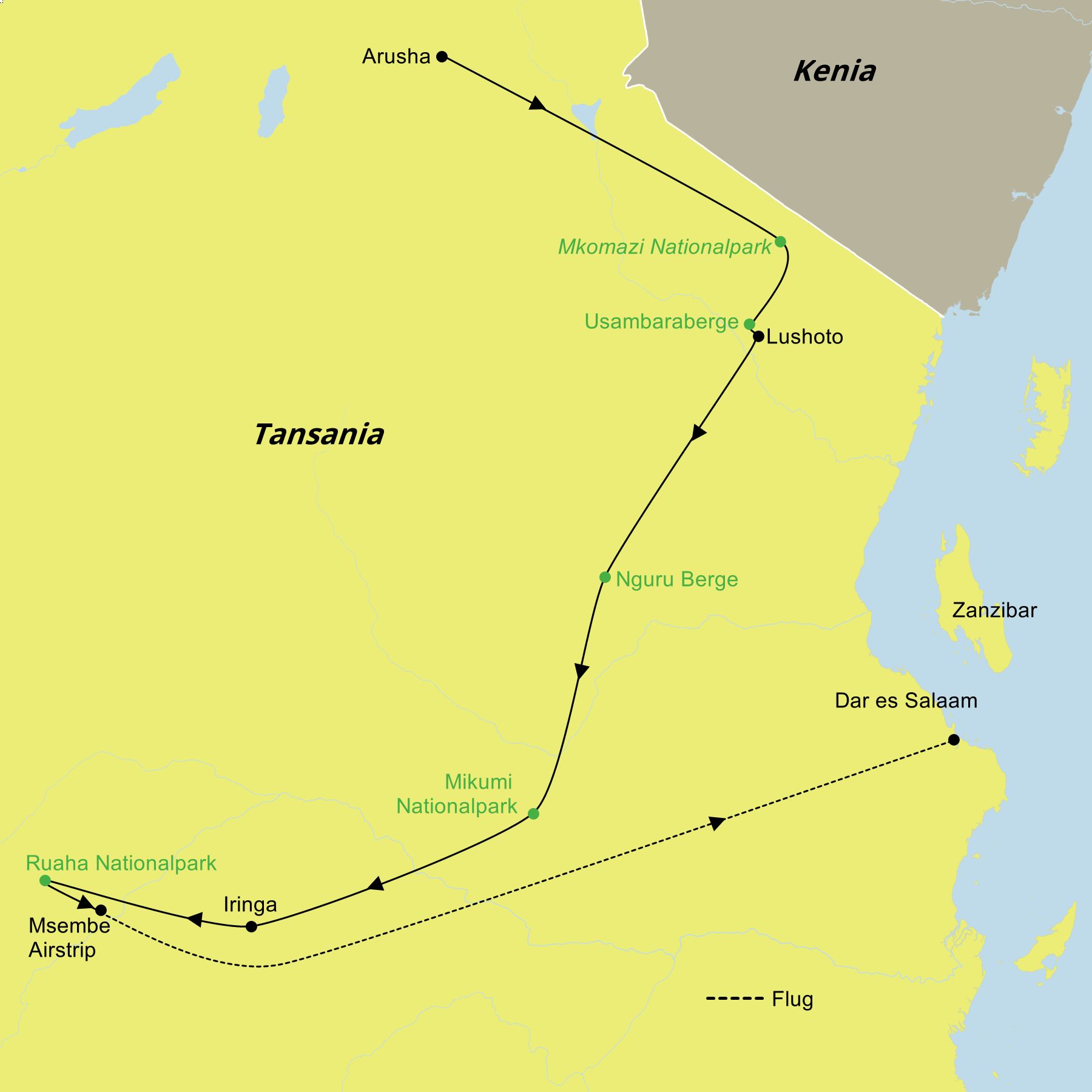 Reiseroute der Safari Tansania | Vom Kilimanjaro nach Ruaha