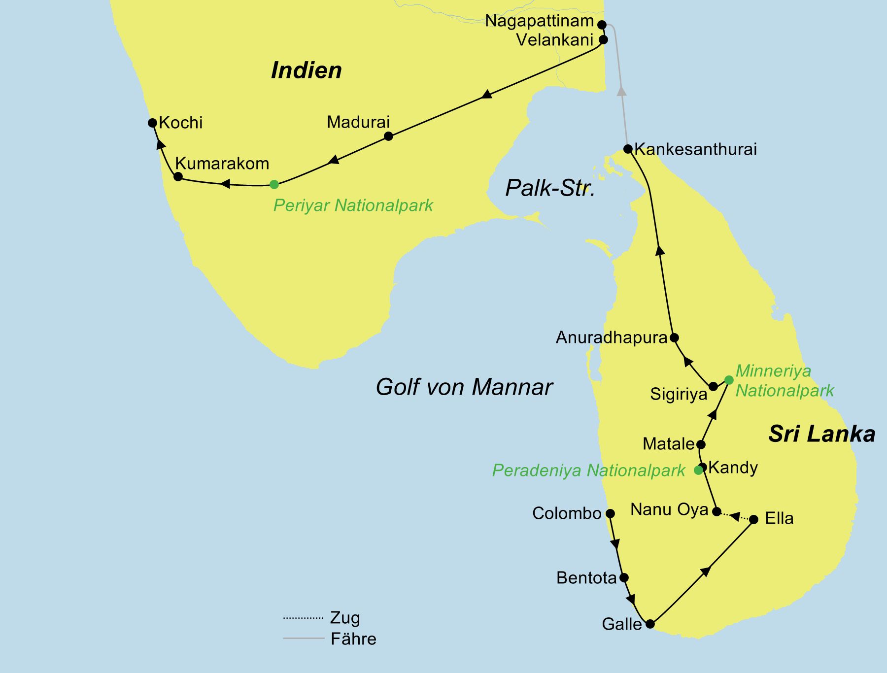 Reiseroute der Sri Lanka und Südindien | Individualreise von Colombo nach Kochi