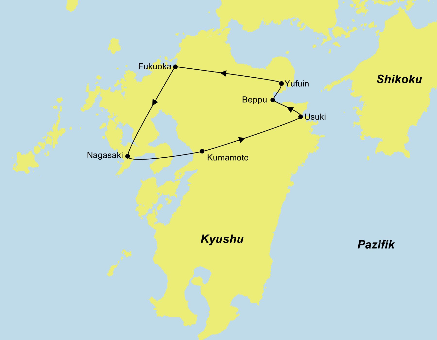 Reiseroute der Japan Kyushu Mietwagenreise