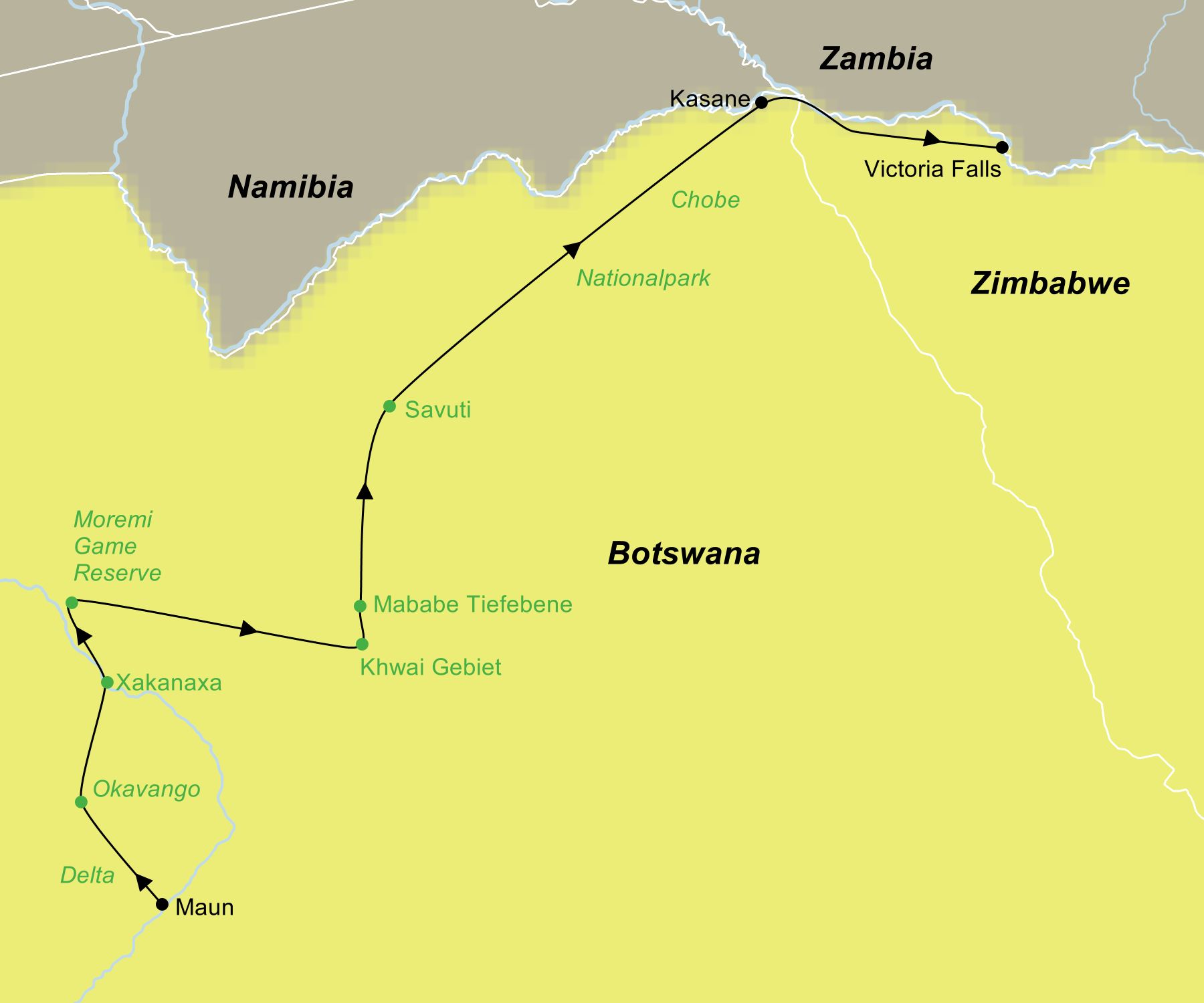 Reiseroute der Wildnis Botswana erleben | Abenteuerreise Reiseroute der Wildnis Botswana erleben | Abenteuerreise