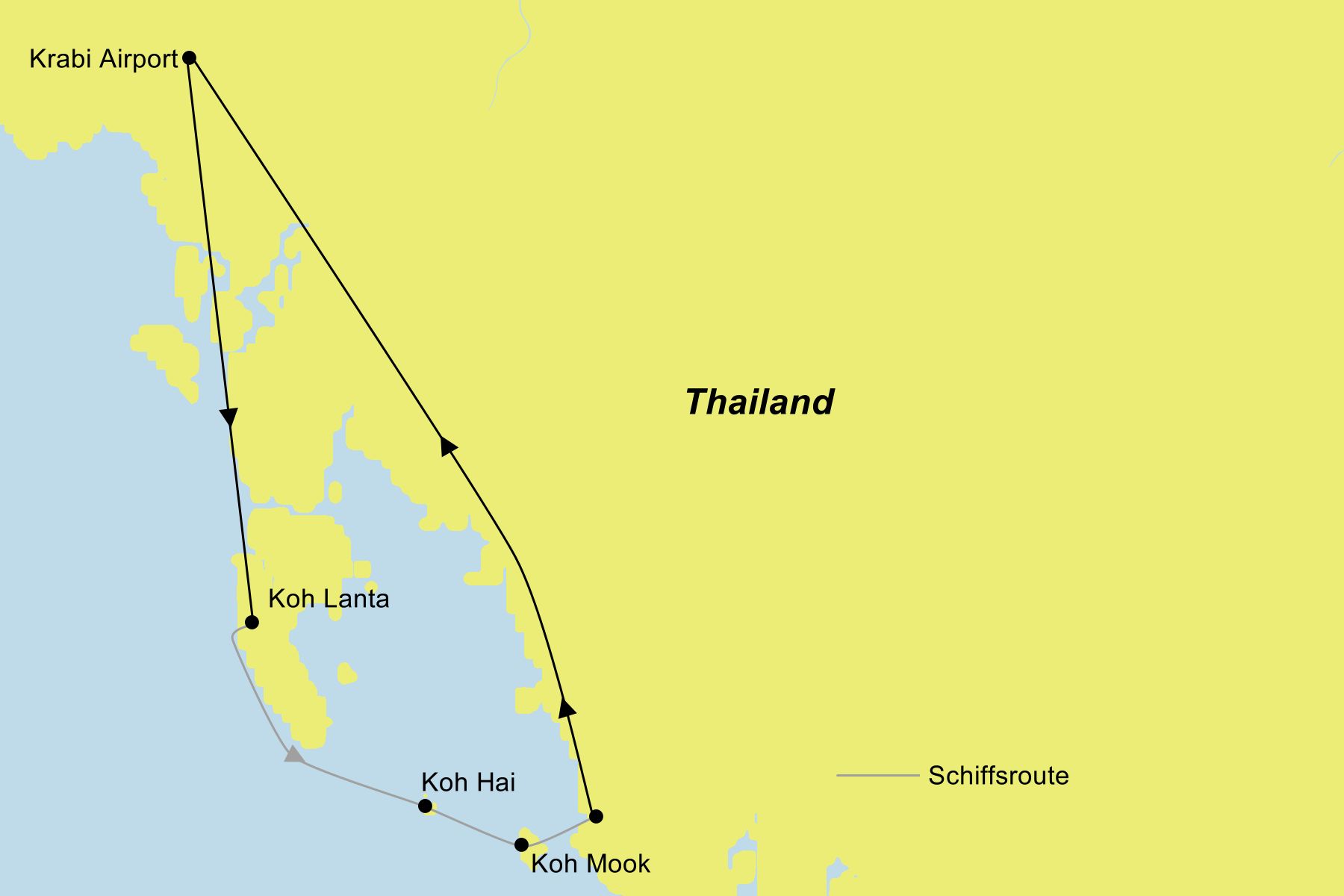 Reiseroute der Rundreise Thailands schönste Strände Inselhüpfen Reiseroute der Rundreise Thailands schönste Strände Inselhüpfen