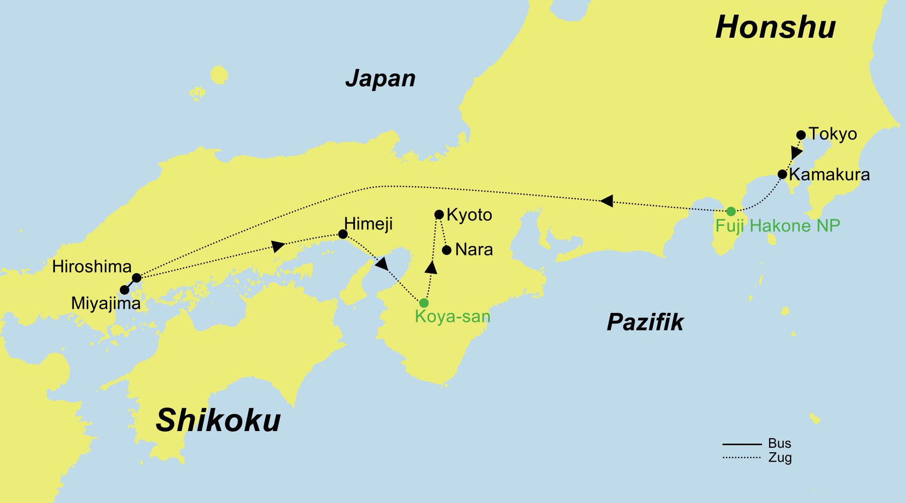 Reiseroute der Erlebnis Japan Rundreise