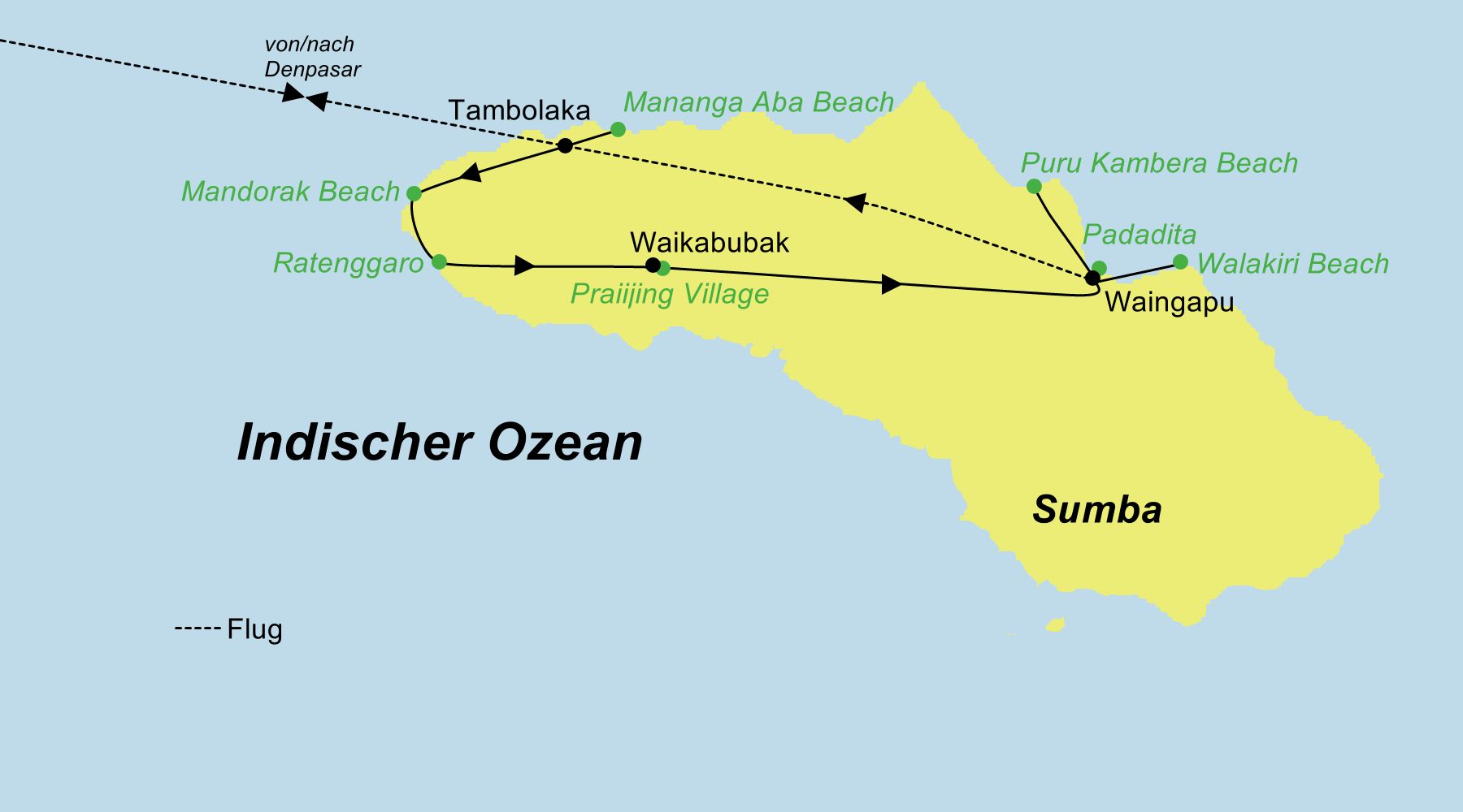 Reiseroute der Wunderschönes Sumba Rundreise