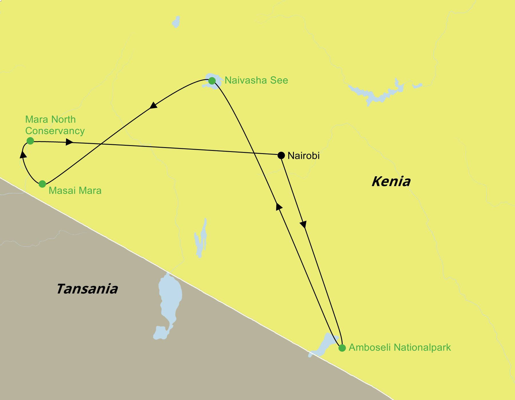 Reiseroute der Kenia Safari