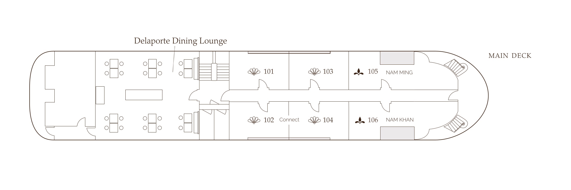 Deckplan des Hauptdecks auf dem Fluss-Kreuzfahrtschiff Anouvong