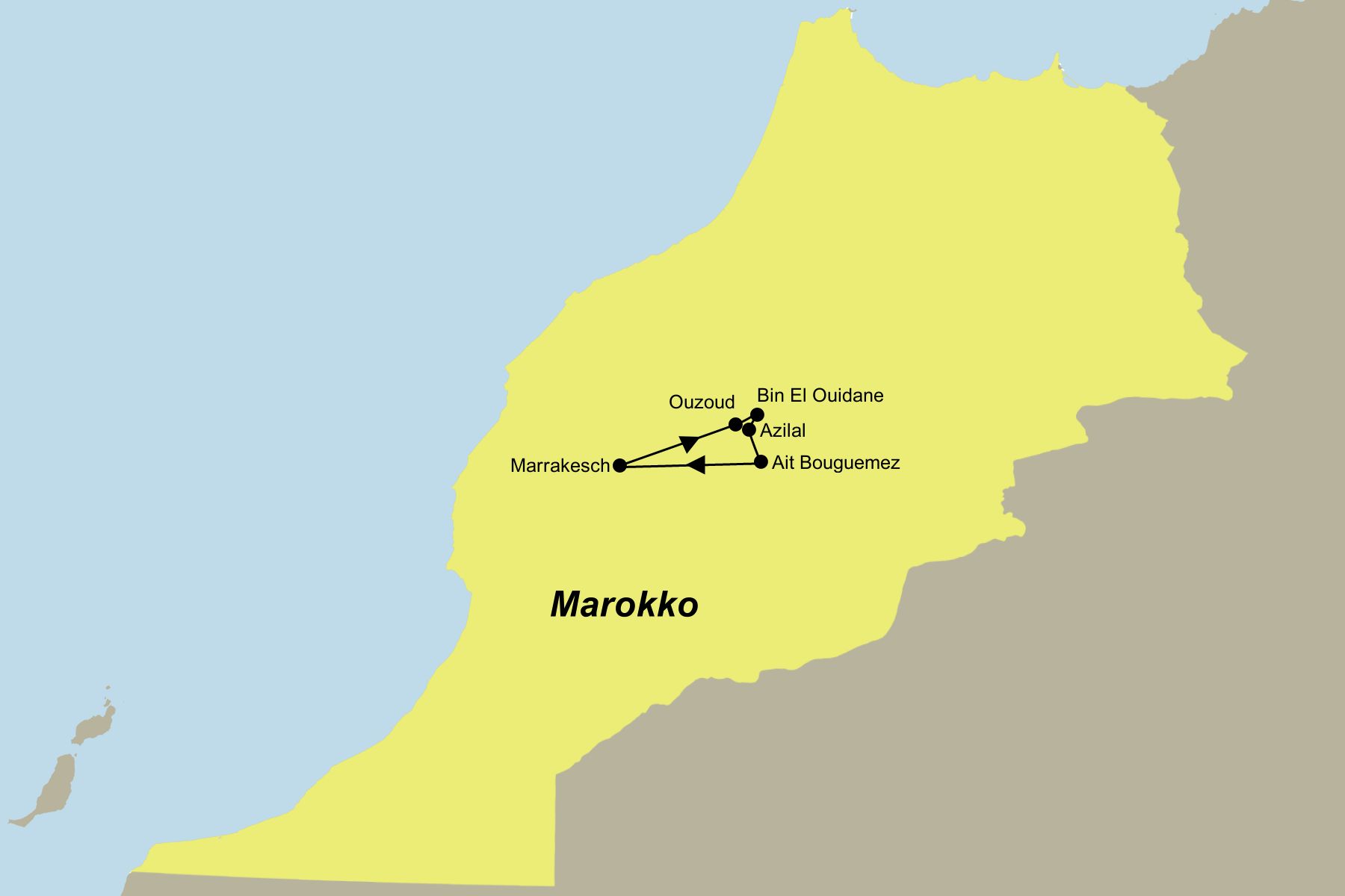 Reiseroute der Familienreise Marokko Reiseroute der Familienreise Marokko
