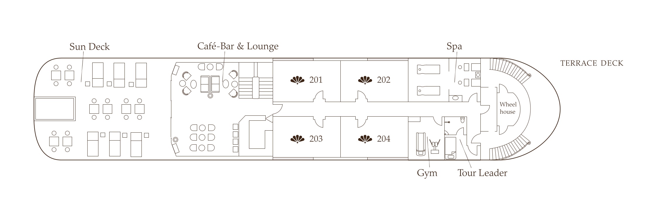 Deckplan des Terrassen Decks auf dem Fluss-Kreuzfahrtschiff Anouvong