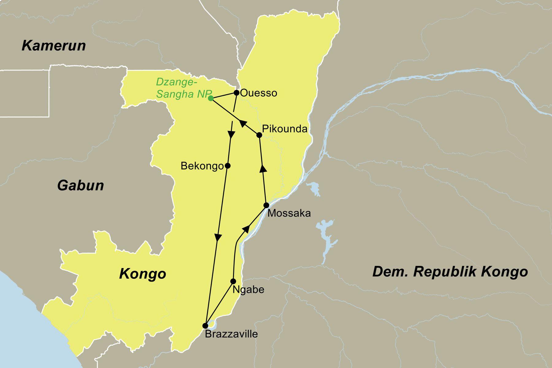 Reiseroute der Faszination Kongo Expeditionsreise