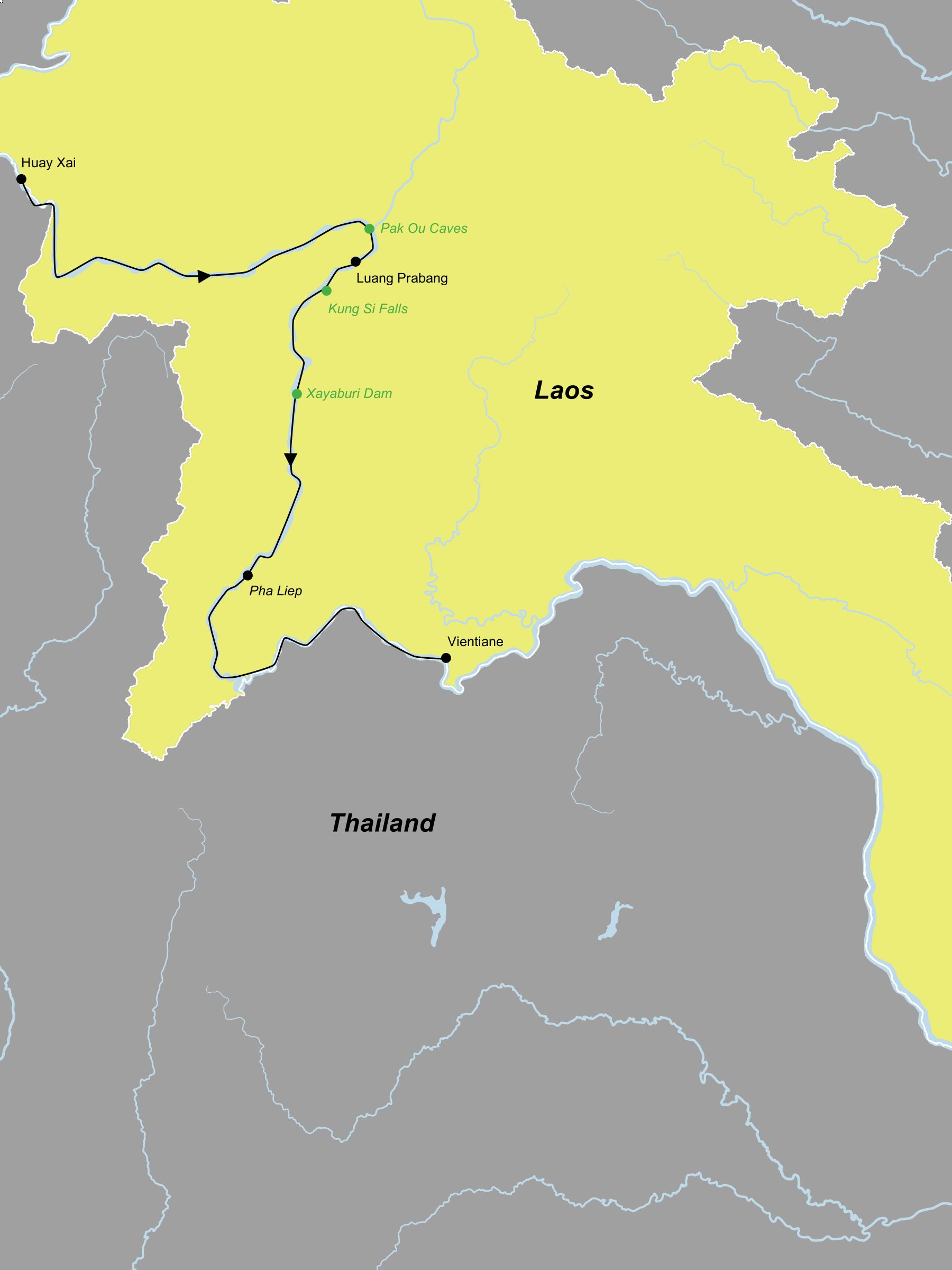 Reiseroute der Laos Kreuzfahrt auf dem oberen Mekong mit der Anouvong Reiseroute der Laos Kreuzfahrt auf dem oberen Mekong mit der Anouvong