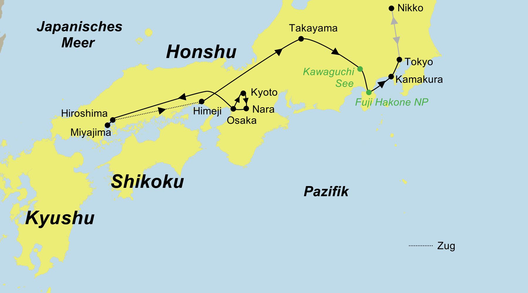 Reiseroute der Japan Rundreise & Inselparadies in Indonesien
