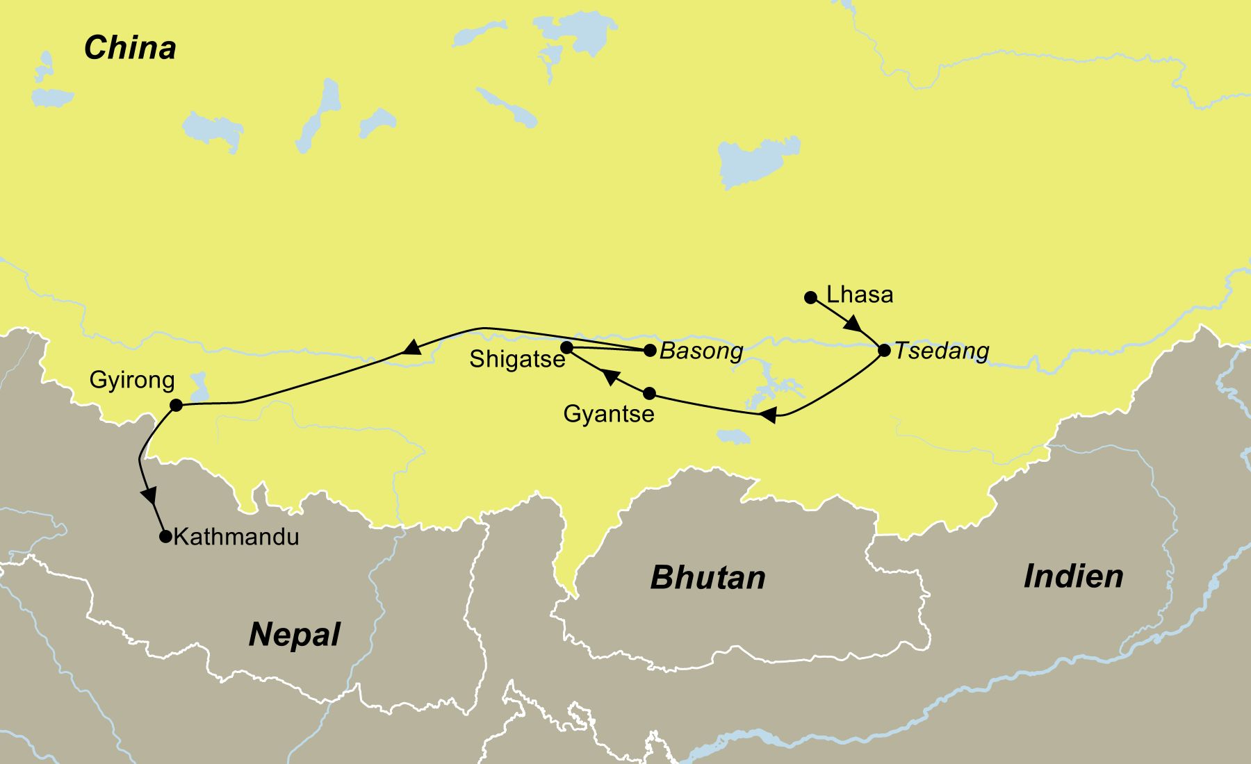 Reiseroute der Individualreise Tibet Nepal