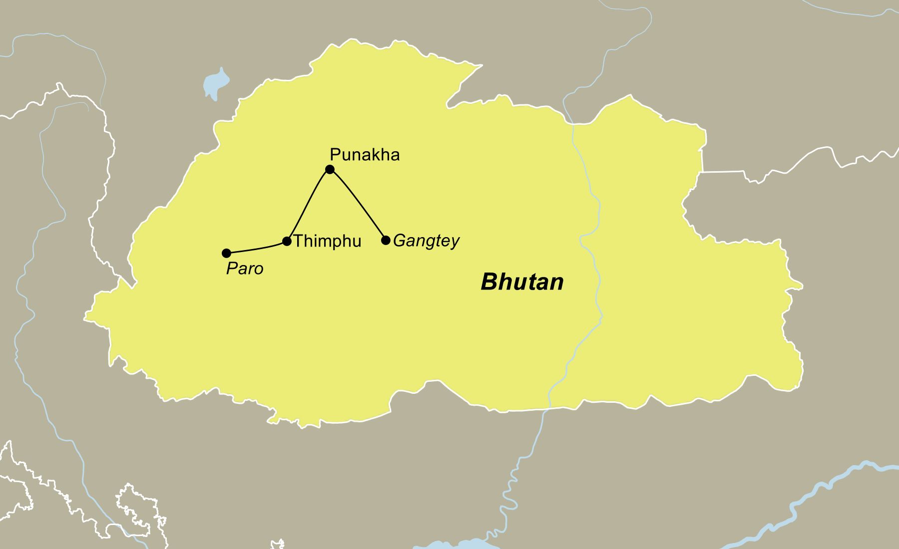 Reiseroute der Erlebnis Bhutan Reiseroute der Erlebnis Bhutan