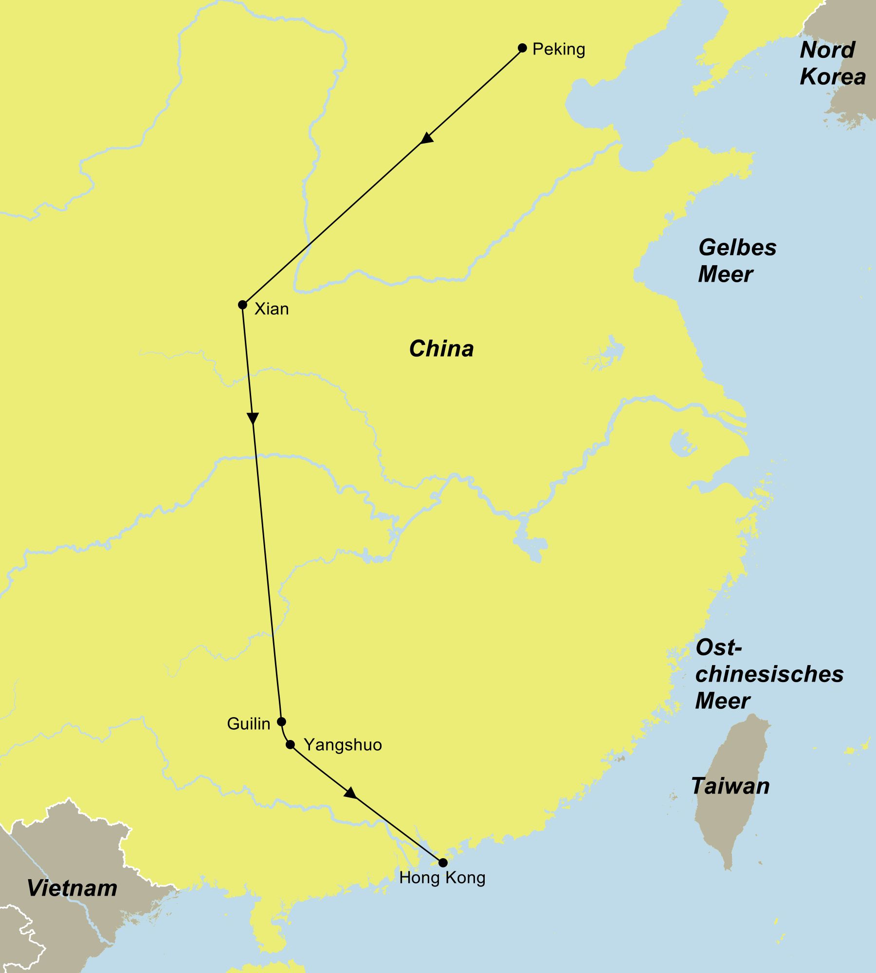 Reiseroute der Erlebnisreise China