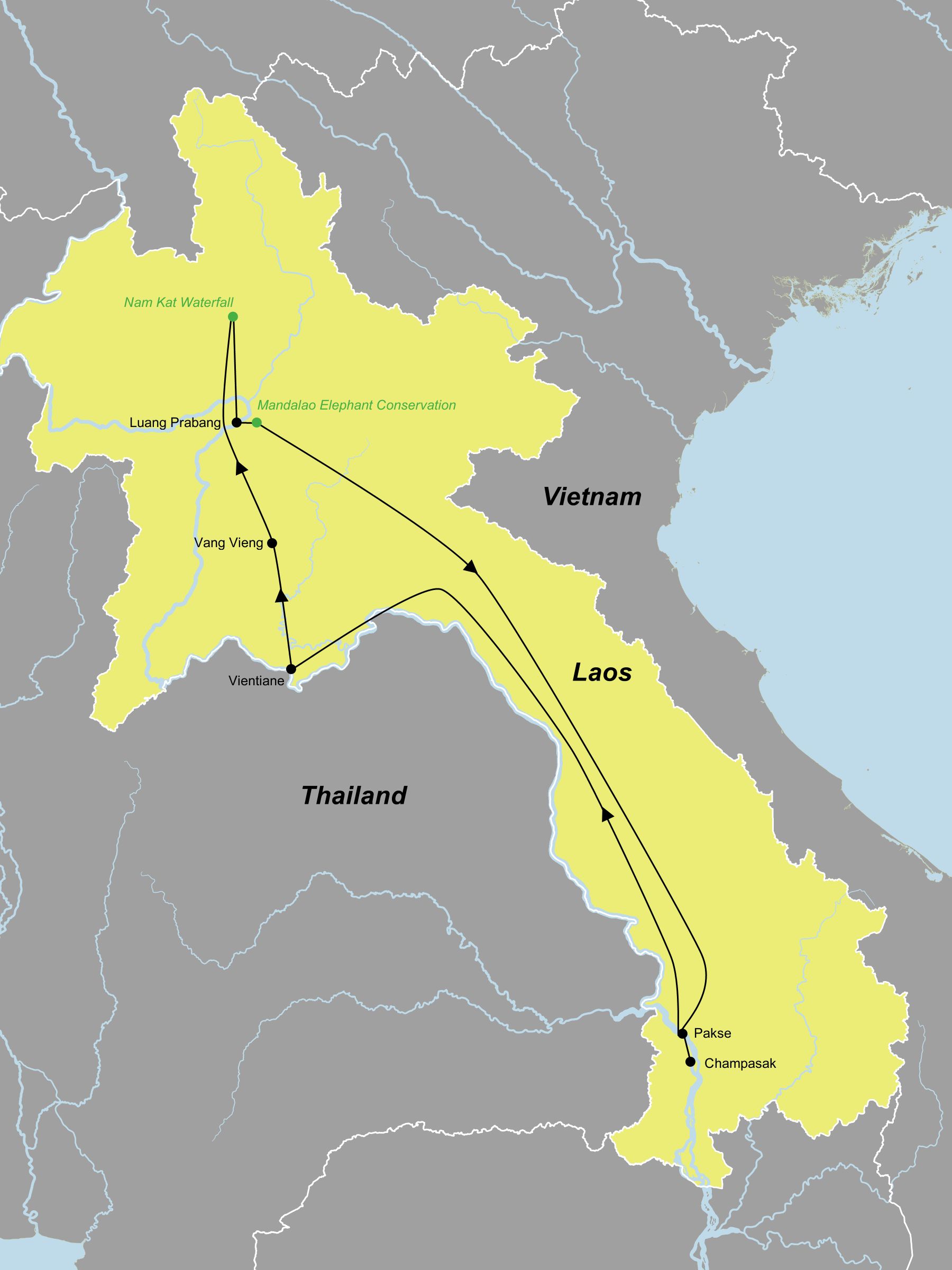 Reiseroute der Laos Rundreise in edlen Boutique Hotels