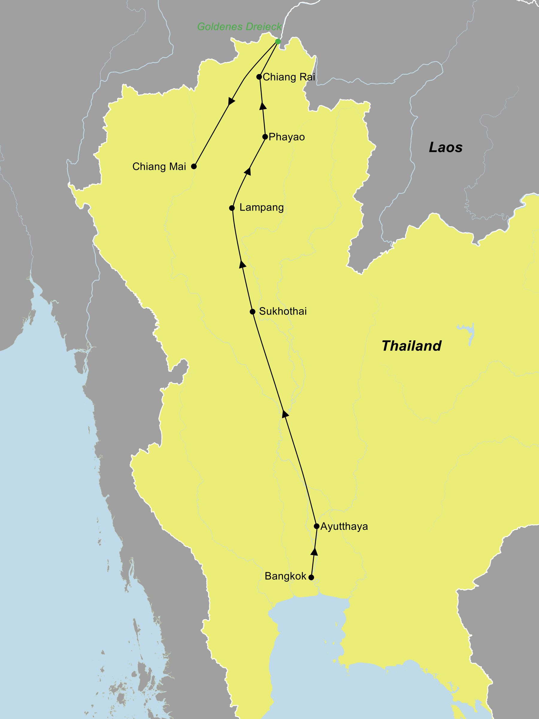 Reiseroute der Reise von Bangkok in den Norden Thailands