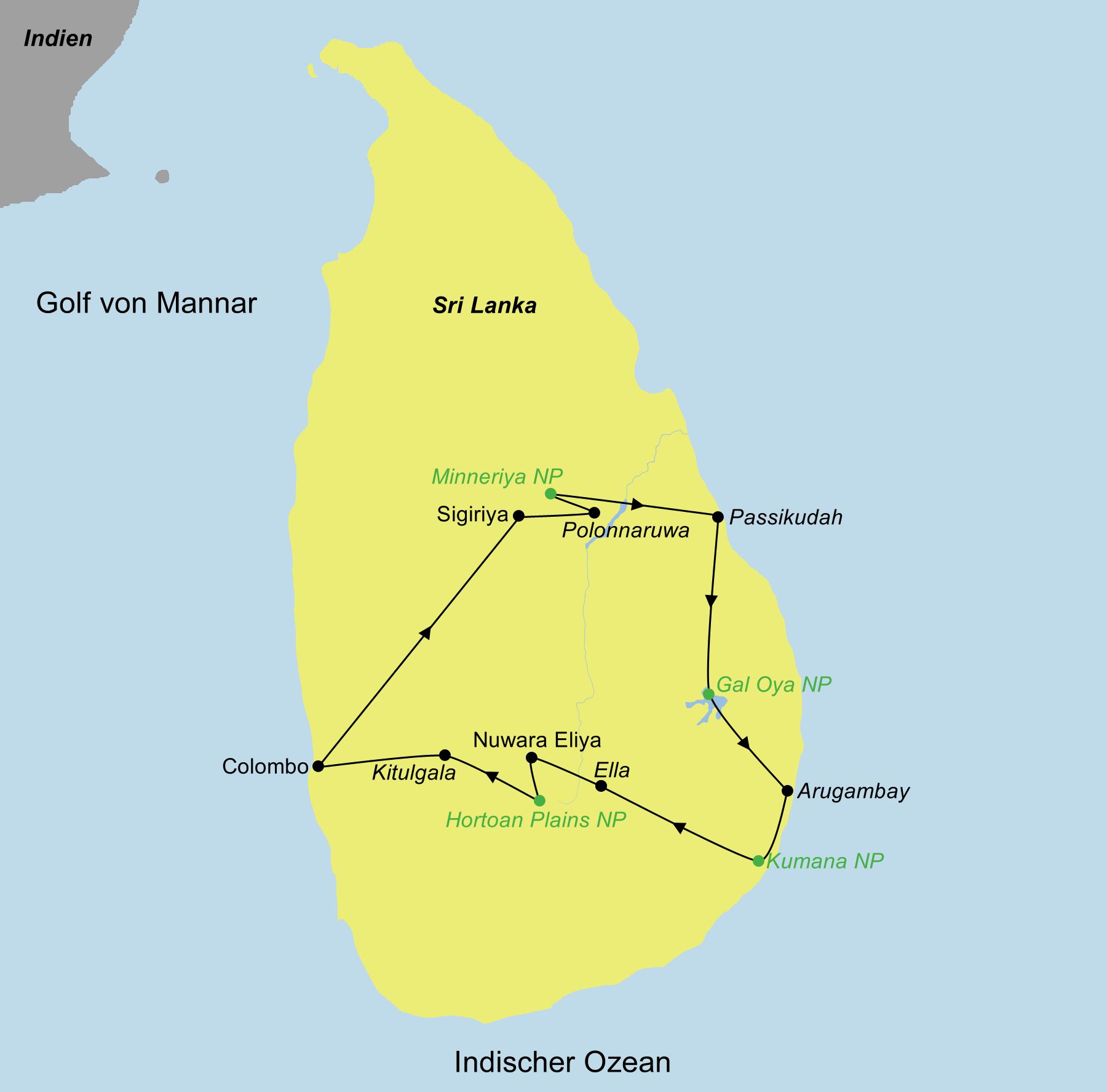 Reiseroute der Sri Lanka Aktiv erleben Reiseroute der Sri Lanka Aktiv erleben