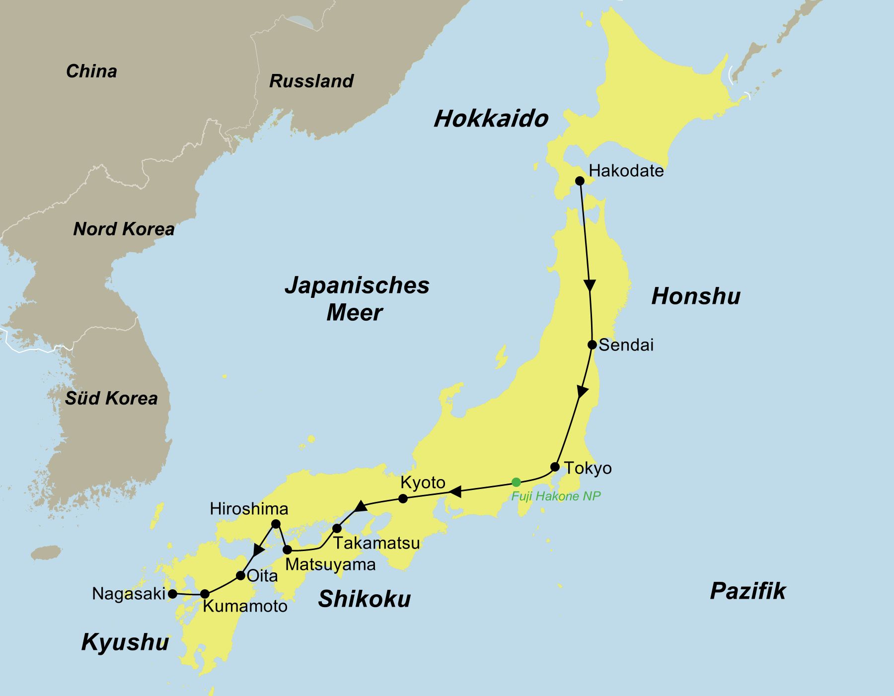 Reiseroute der Japans vier Hauptinseln Gruppenreise | Von Hokkaido nach Kyushu