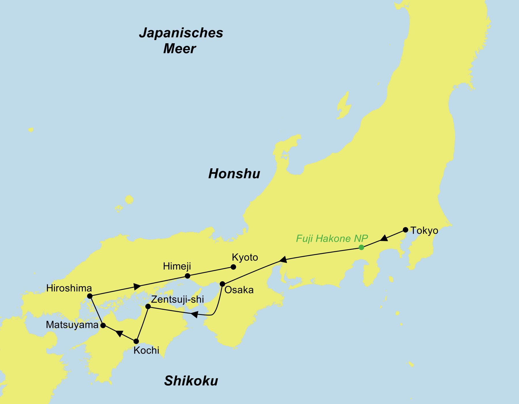 Reiseroute der Reise Japans verborgene Pfade auf Honshu & Shikoku Reiseroute der Reise Japans verborgene Pfade auf Honshu & Shikoku