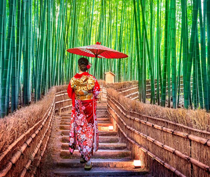 Traditionell gekleidete Frau im Bambuswald in Kyoto