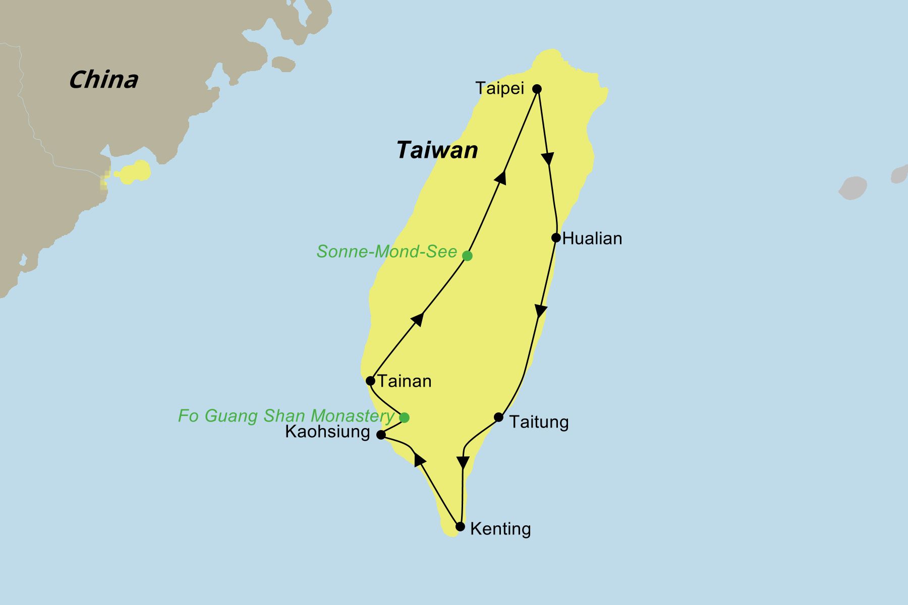 Reiseroute der Selbstfahrer Rundreise Taiwan