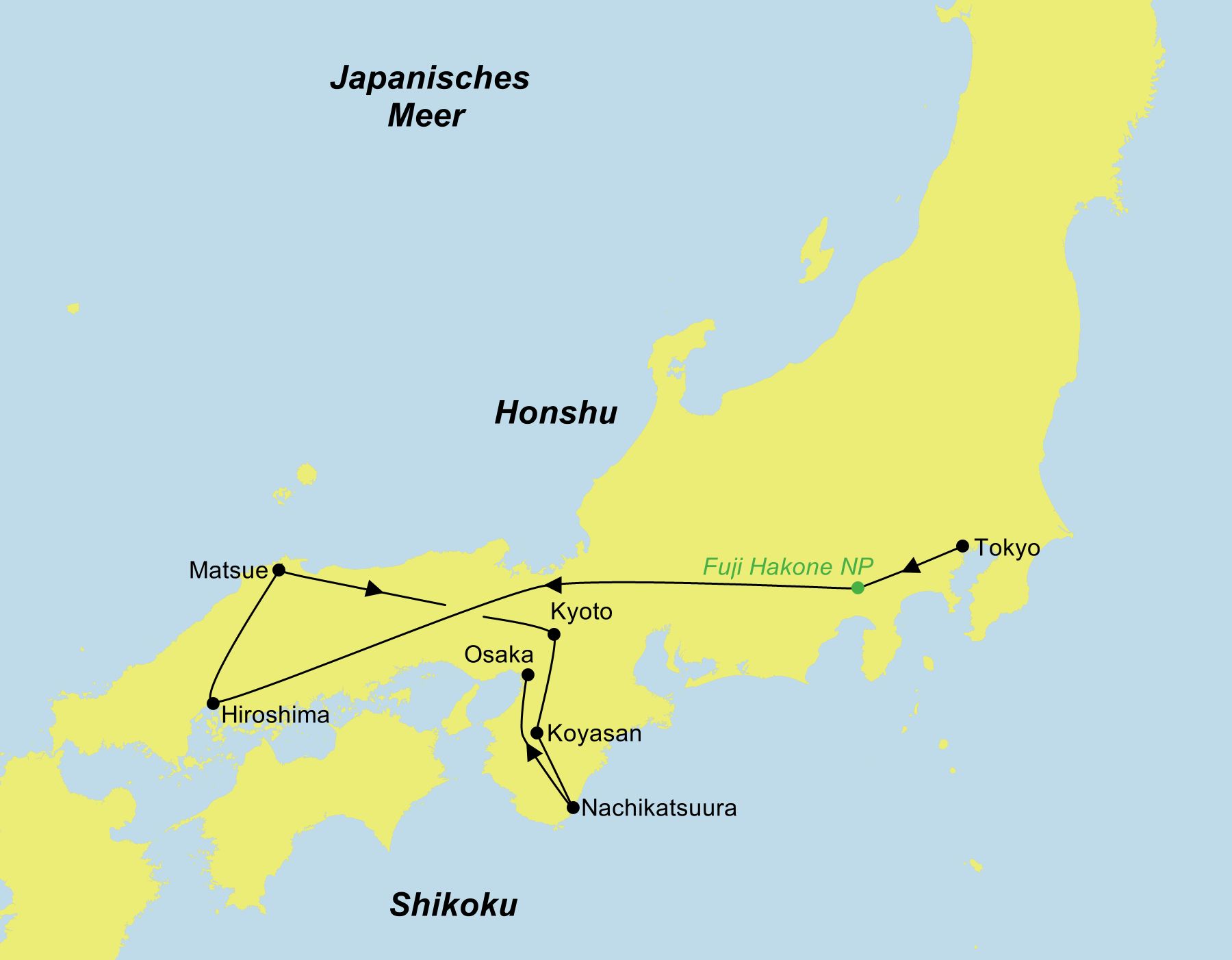 Reiseroute der Reise Japan zwischen Sand und Kiefernwäldern Japan Reiseverlauf und Route der Tour „Japan zwischen Sand und Kiefernwäldern“. Die Karte zeigt die wichtigsten Stationen wie Tokyo, Kyoto, Hiroshima und den Fuji-Hakone-Nationalpark auf der japanischen Hauptinsel Honshu.