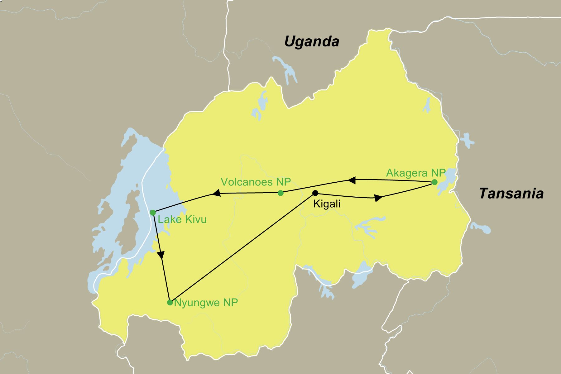 Reiseroute der Safariabenteuer in Ruanda