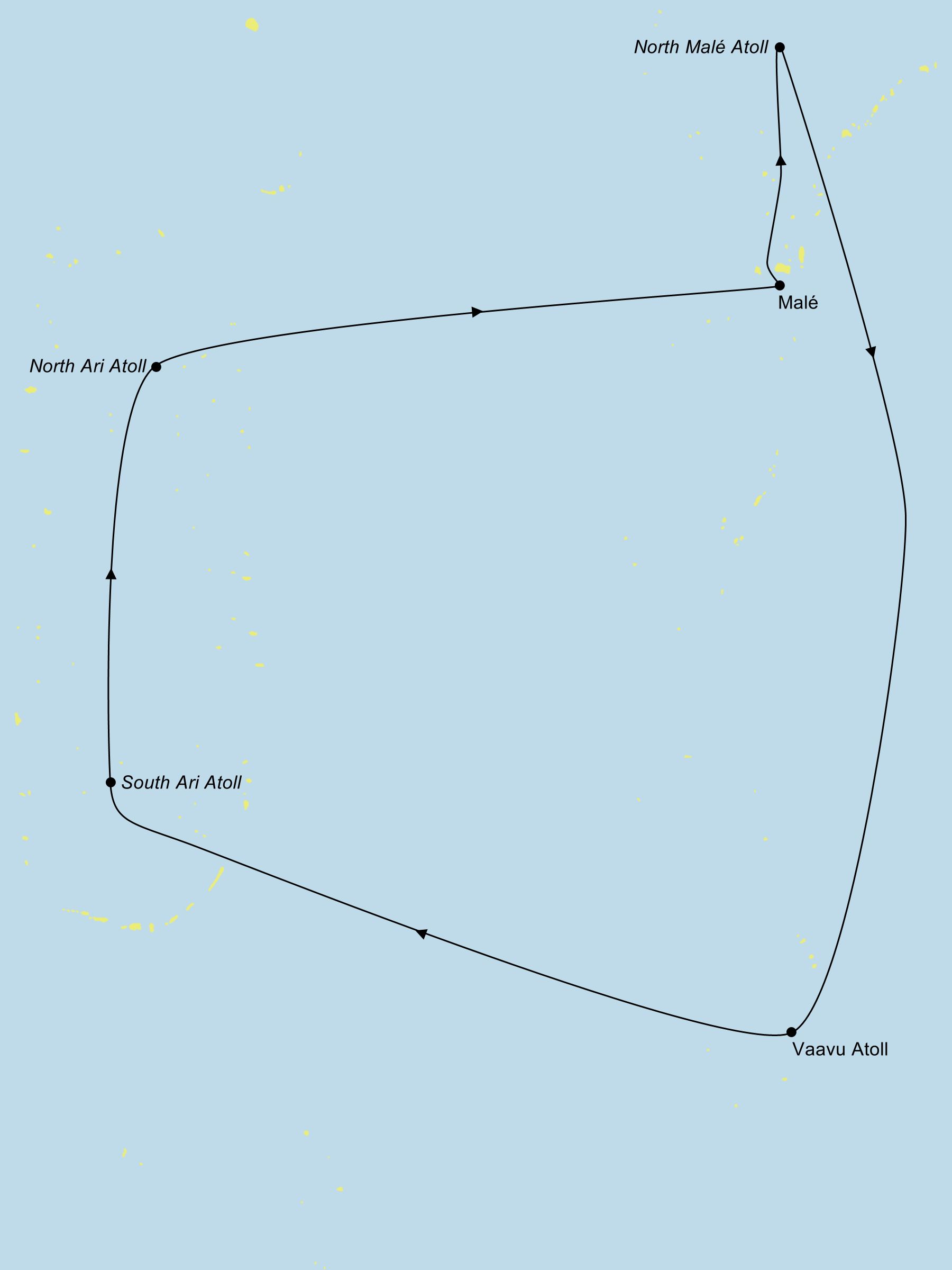 Karte der Tauchkreuzfahrt-Route der Horizon&nbsp;III auf den Malediven mit Stationen für Walhai- und Manta-Sichtungen.