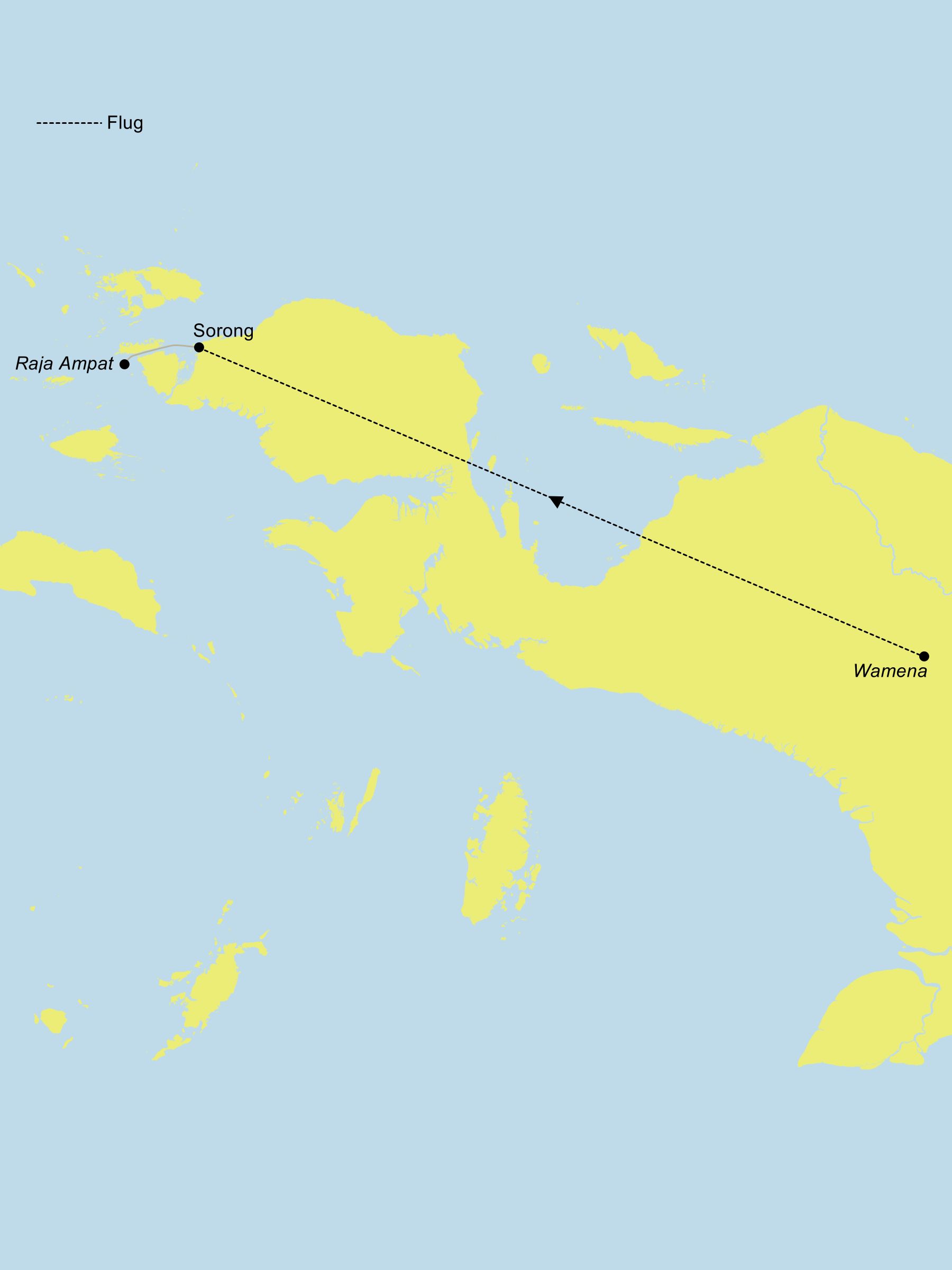 Karte der Reiseroute „West Papua Raja Ampat“ mit den Stationen Wamena, Sorong und Raja Ampat inklusive Flug- und Schiffsverbindungen.