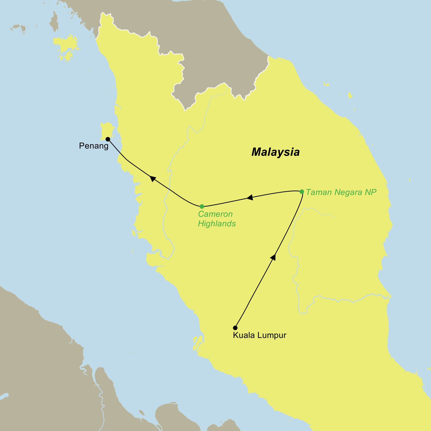 Reiseroute der Reise Malaysia erleben Karte für eine Malaysia Rundreise: Route von Kuala Lumpur über den Taman Negara Nationalpark und die Cameron Highlands nach Penang.