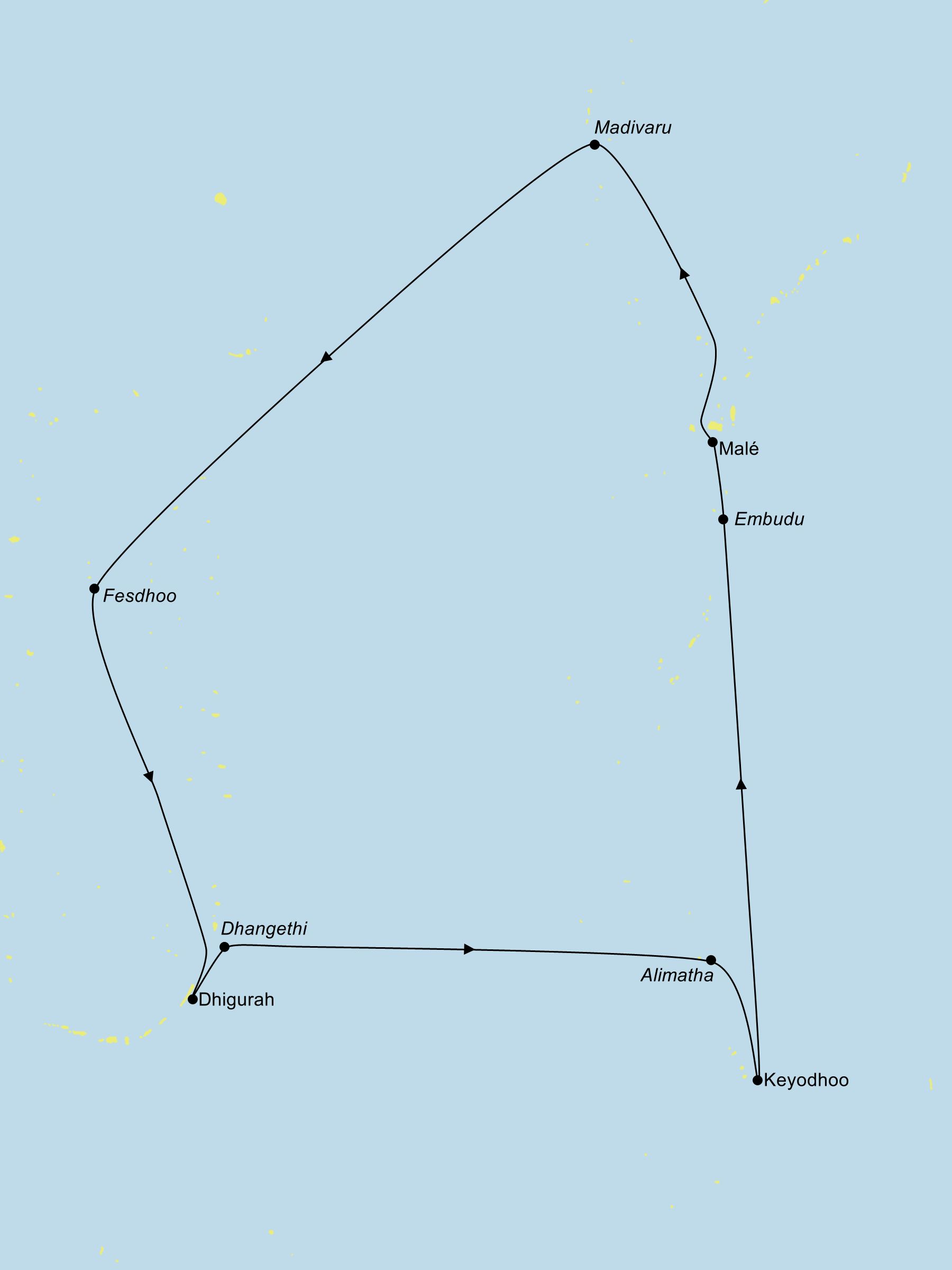Route der Schnorchelkreuzfahrt auf den Malediven mit der Horizon II. Die Karte zeigt die Stationen von Malé über Madivaru, Fesdhoo, Dhigurah, Dhangethi, Alimatha, Keyodhoo und Embudu zurück nach Malé.