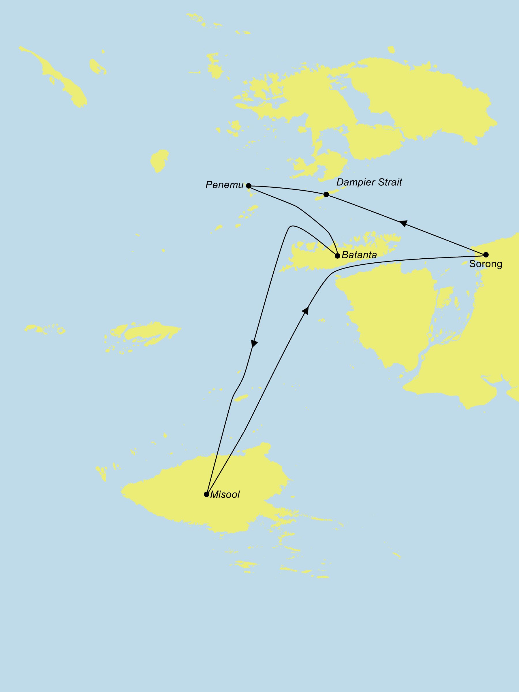 Reiseroute der Tauchsafari in Raja Ampat Karte der Route für die Tauchsafari in Raja Ampat: Sorong, Dampier Strait, Penemu, Batanta, Misool, Wayilbatan und zurück nach Sorong.
