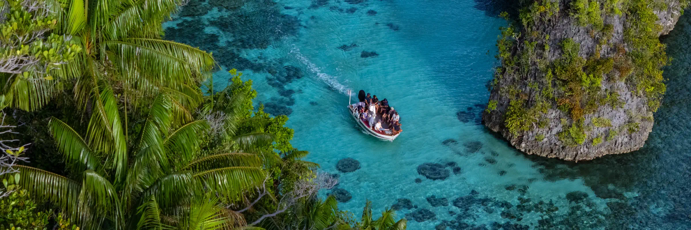 Ein Expeditions-Beiboot mit Urlaubern fährt durch glasklares, türkisfarbenes Wasser vorbei an tropischen Palmen und Felsen in Raja Ampat.