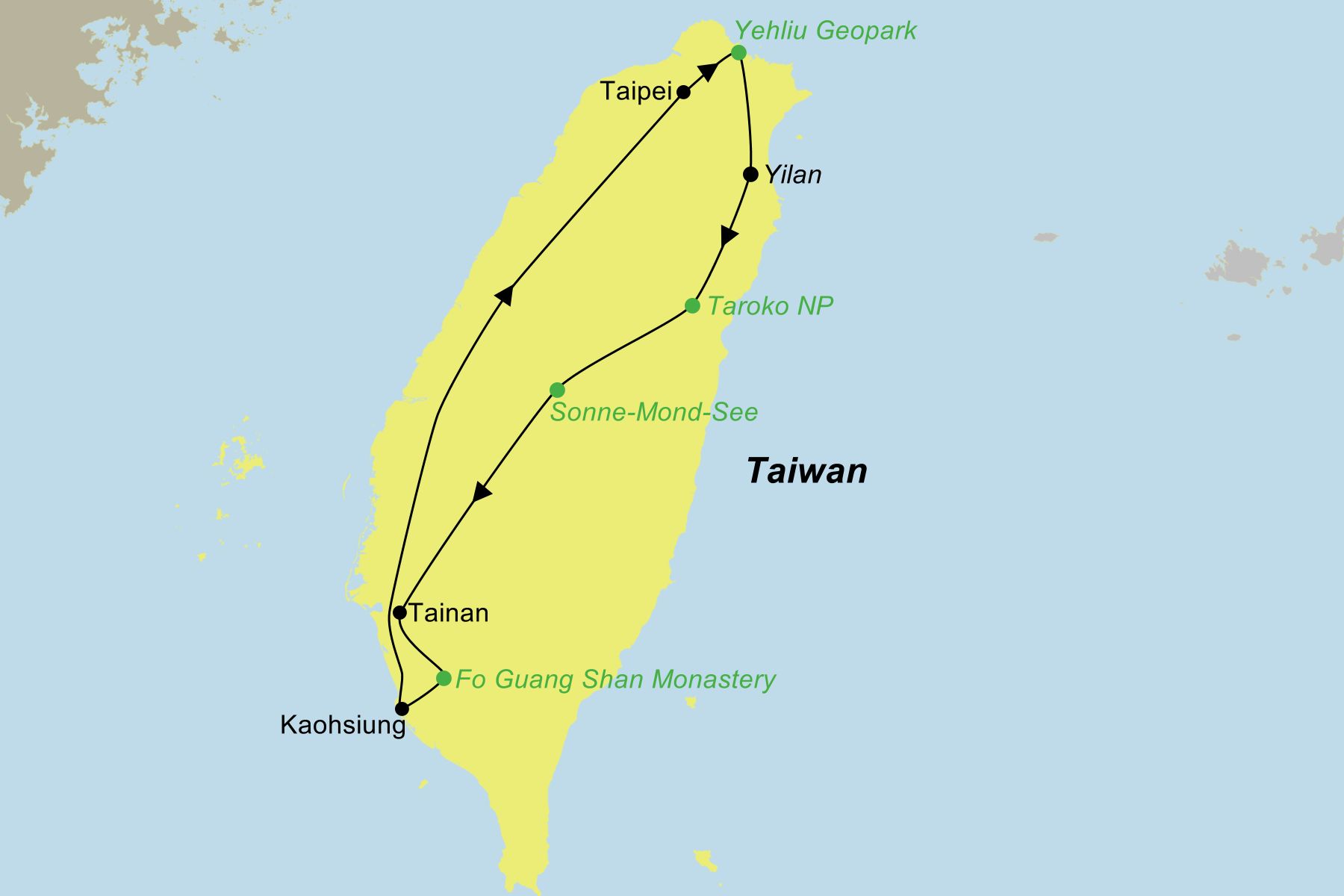 Reiseroute der Reise Taiwan Kompakt Karte von Taiwan mit dem Routenverlauf der Rundreise „Taiwan Kompakt“: Start in Taipeh, über den Yehliu Geopark, Yilan, Taroko Nationalpark zum Sonne-Mond-See, weiter nach Tainan, zum Foguangshan Kloster und Kaohsiung zurück nach Taipeh.
