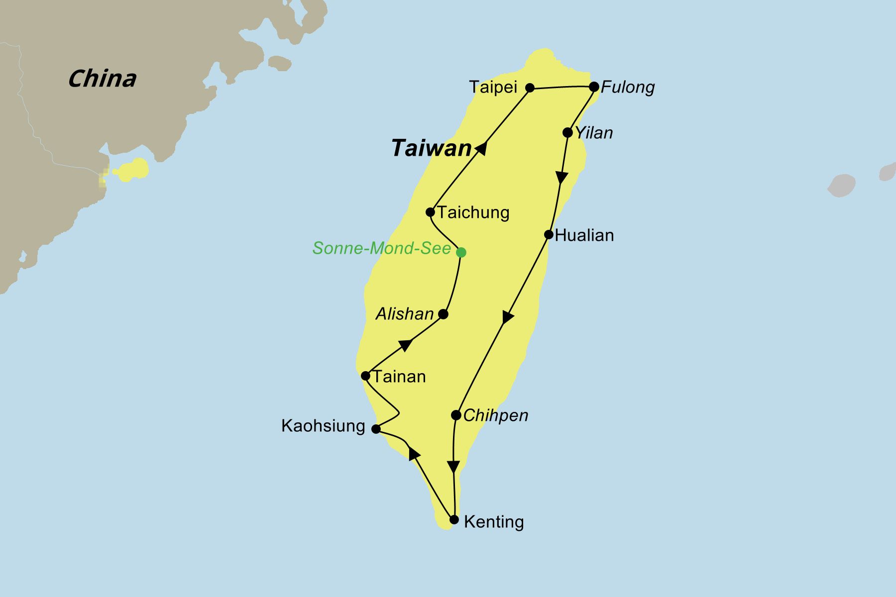 Reiseroute der Taiwan Mietwagenrundreise Reiseroute der Taiwan Mietwagenrundreise