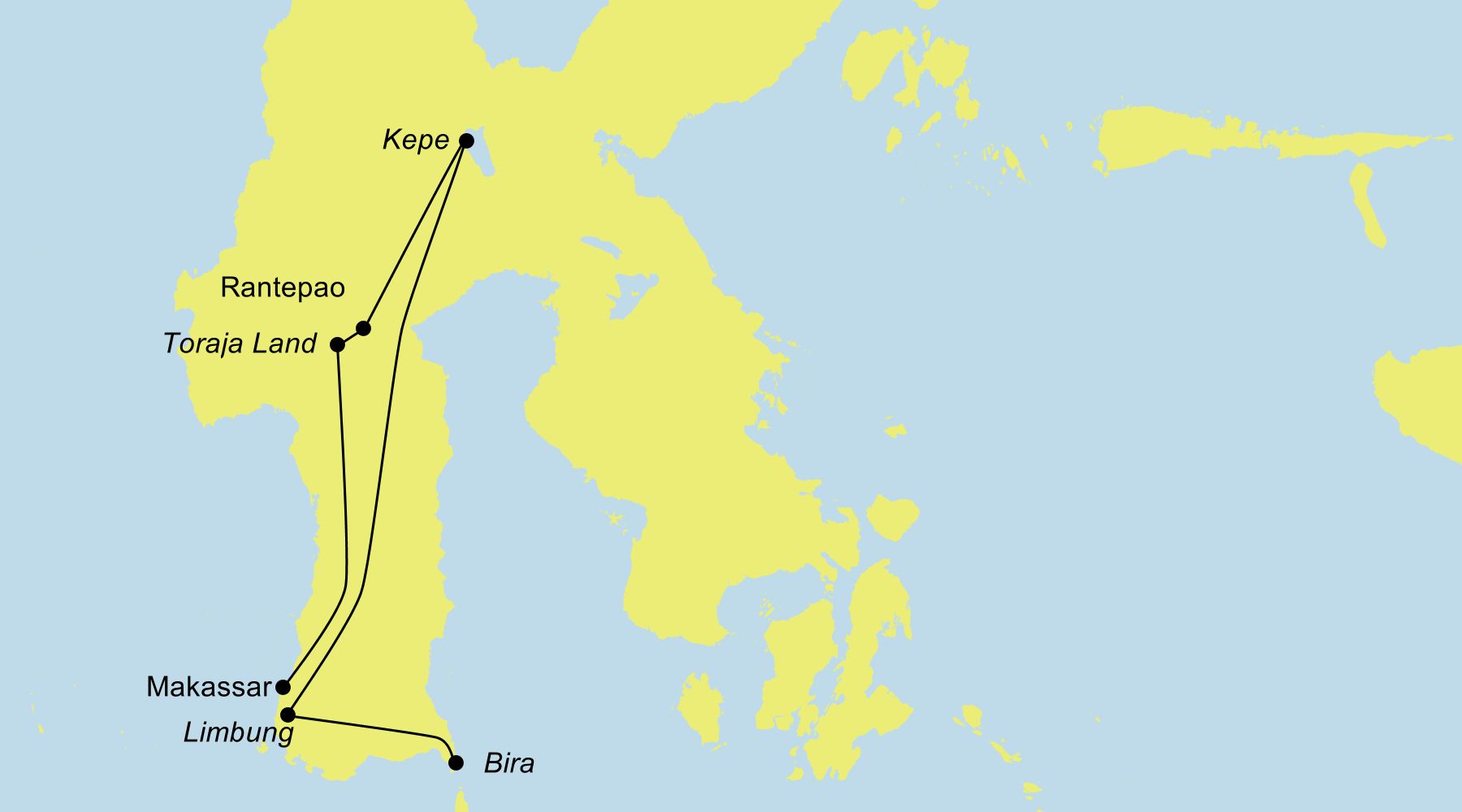 Reiseroute der Reise Sulawesi Aktiv erleben Routenkarte der Rundreise „Sulawesi Aktiv erleben“ mit den Stationen Makassar, Toraja Land, Rantepao, Kepe, Limbung und Bira.