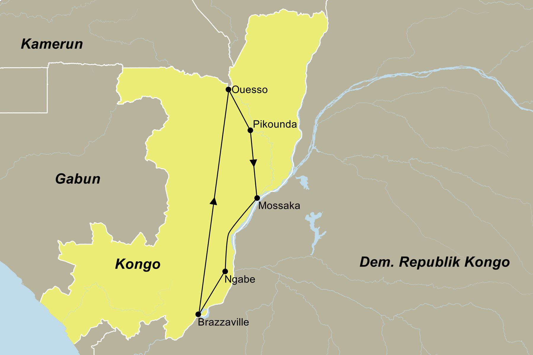Reiseroute der Reise Kongo erleben Karte der Rundreise „Kongo erleben“ mit dem Routenverlauf von Brazzaville über Ouesso, Pikounda, Mossaka und Ngabe zurück nach Brazzaville.
