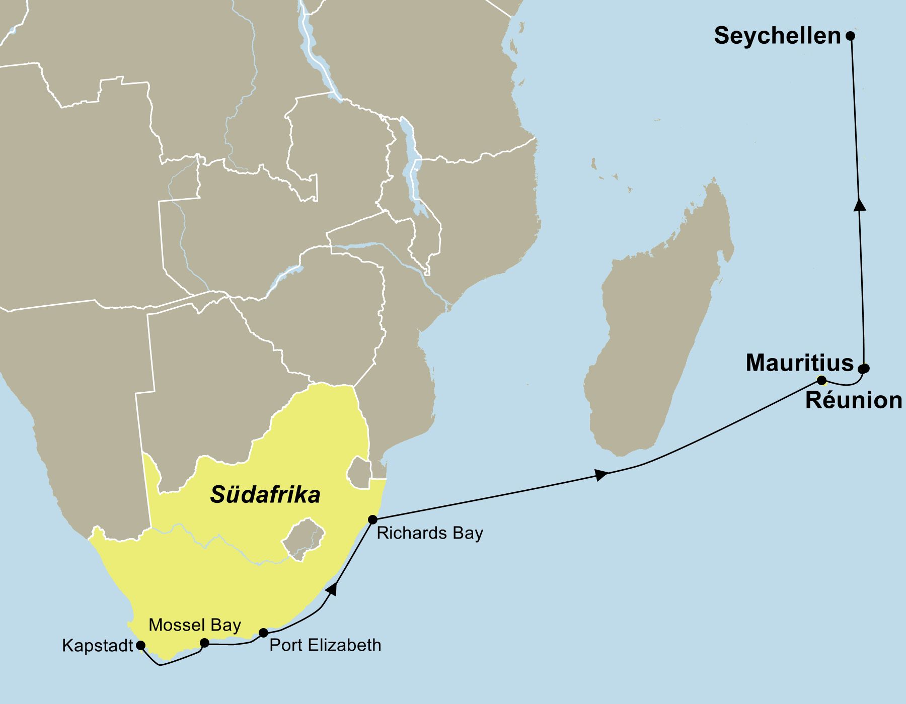 Luxus-Kreuzfahrtschiff von Silversea Cruises im Indischen Ozean auf der Route von Kapstadt zu den Seychellen