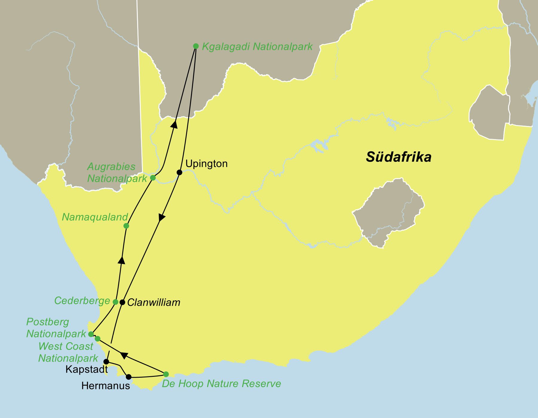Reiseroute Südafrika Rundreise – Wale, Blumen und Kalahari-Löwen Karte der Reiseroute durch Südafrika: Von Kapstadt über Hermanus, De Hoop, Namaqualand, Augrabies und den Kgalagadi Nationalpark.