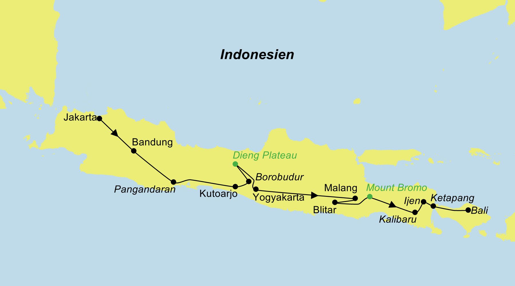 Karte der Java Intensiv Individualreise: Jakarta bis Bali Reiseroute der Individualreise 'Java Intensiv' von Jakarta über Bandung, Pangandaran, Yogyakarta, Borobudur, Mount Bromo und Ijen bis nach Bali.