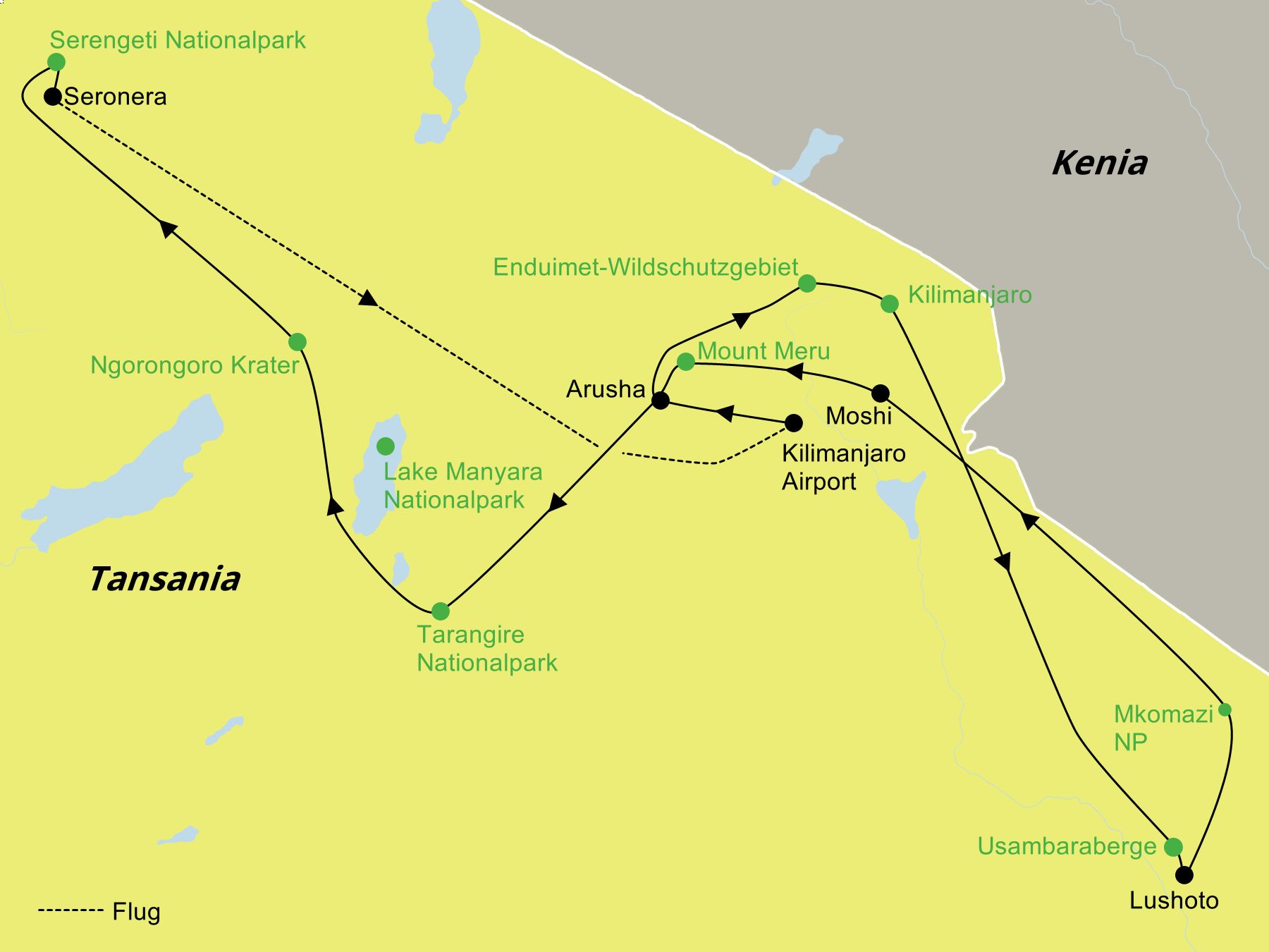 Reiseroute Tansania Natur: Usambara-Berge, Kilimanjaro & Serengeti Routenkarte der Tansania-Naturreise: Verlauf von Arusha über Kilimanjaro, Usambara-Berge, Tarangire und Ngorongoro-Krater bis in die Serengeti.