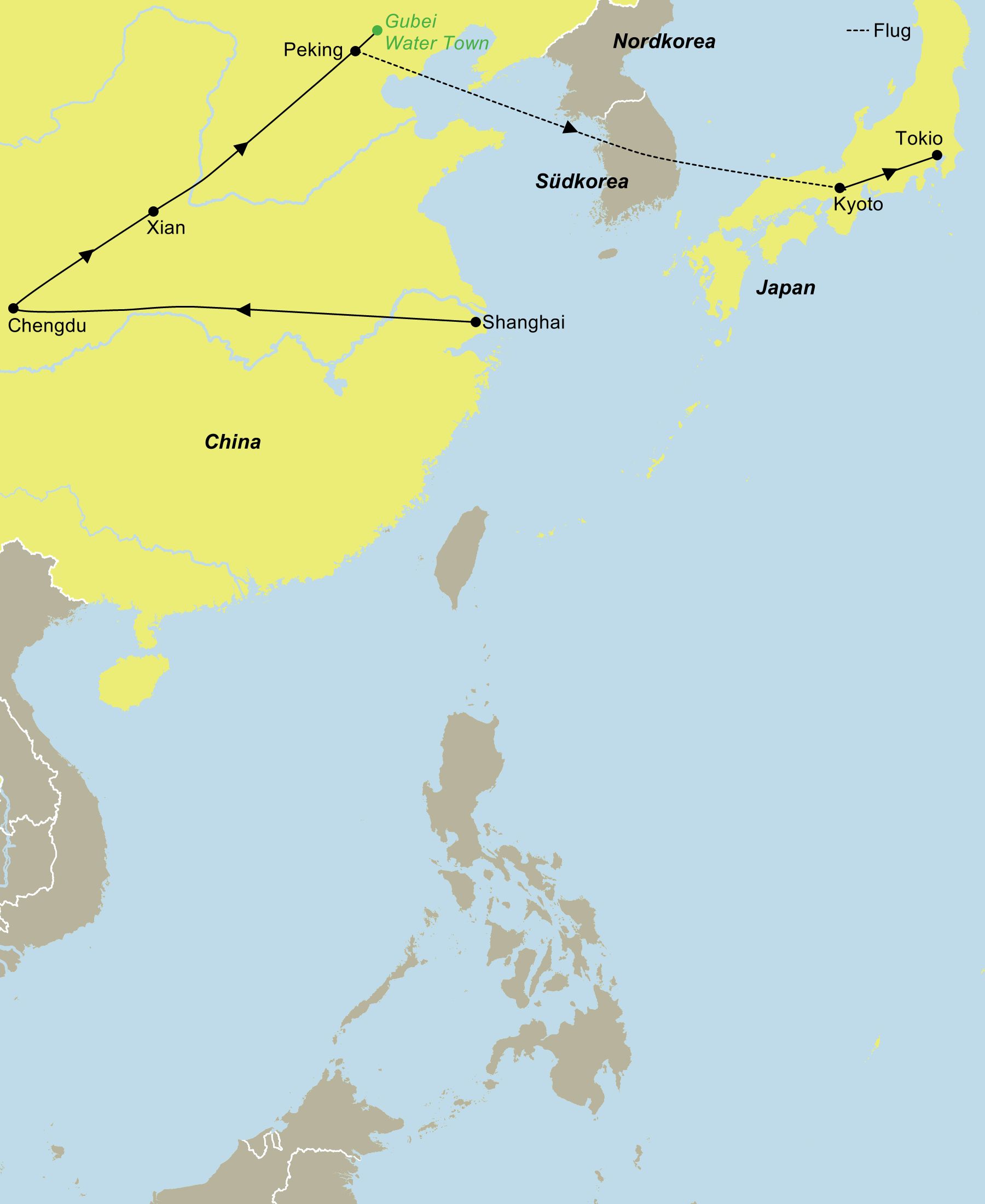 Reiseverlauf der China und Japan Kombireise: Shanghai, Chengdu, Xi’an, Peking, Gubei, Kyoto, Nara und Tokio
