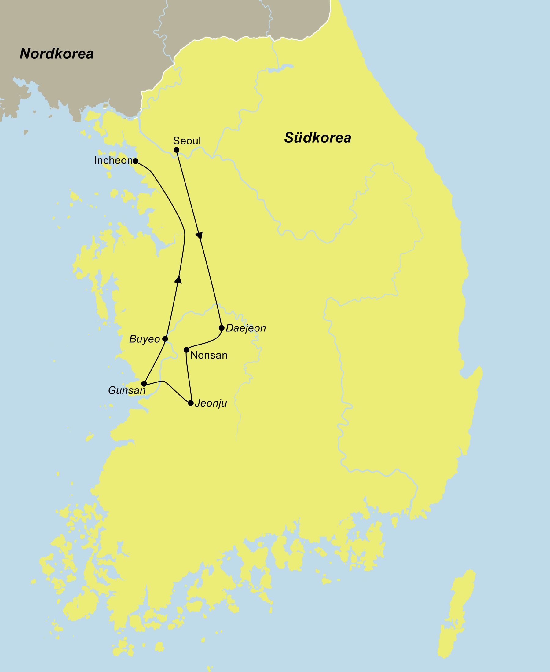Landkarte von Südkorea mit dem Verlauf der Rundreise „Chungcheongdo – Südkoreas ruhige Mitte“. Die Route führt von Seoul über Daejeon, Nonsan, Jeonju, Gunsan und Buyeo bis nach Incheon.